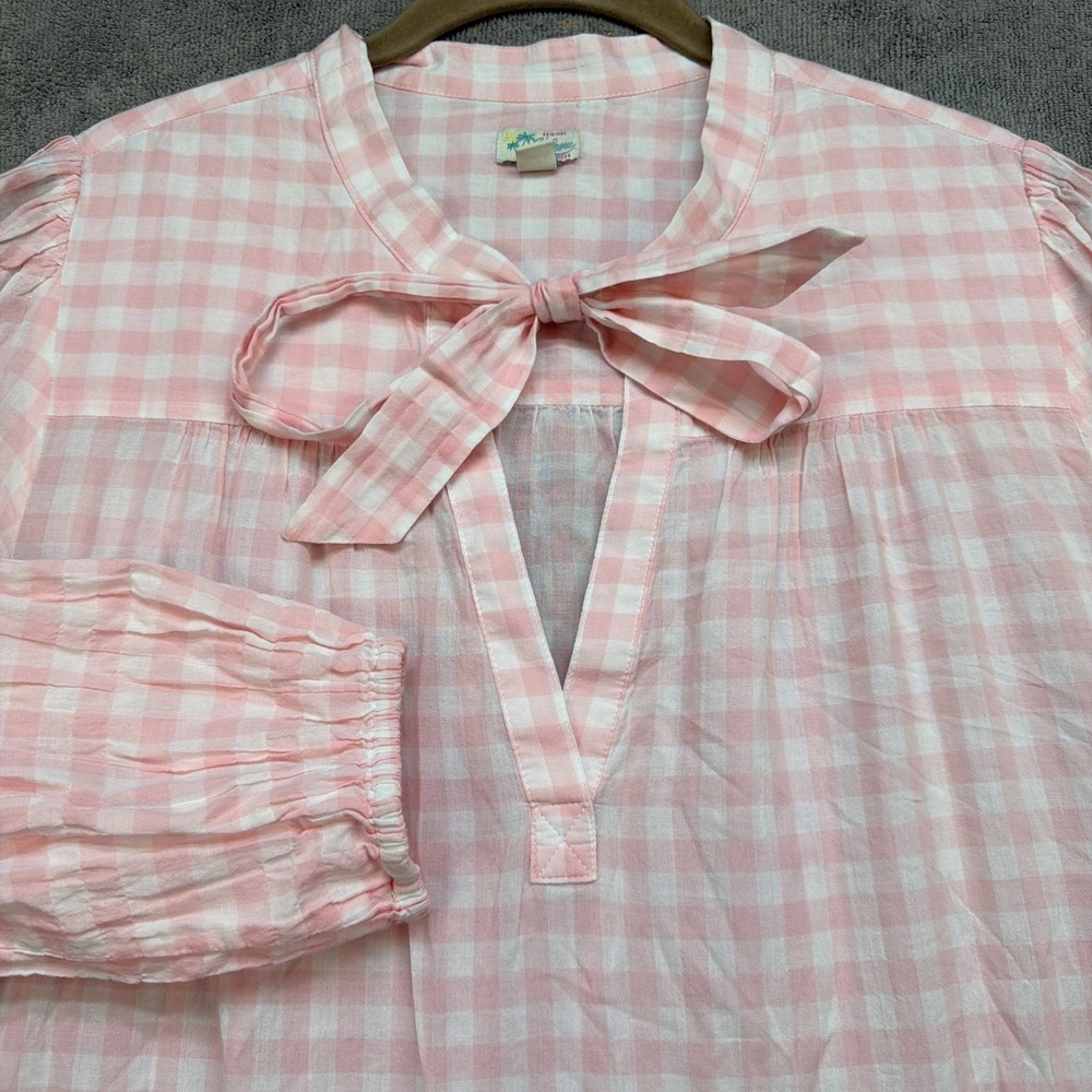J Crew‎ Pink White Gingham Dress Bow Neck Long Sleeve Preppy Size XS